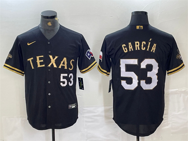 Men's Texas Rangers #53 Adolis García Black Gold With Patch Cool Base Stitched Baseball Jersey Men's Texas Rangers #53 Adolis García Black Gold With Patch Cool Base Stitched Baseball Jersey